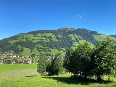 Groene weide met een bomengroep en het dorp tegen de beboste berghelling – Wohlfühlweg Westendorf, Westendorf